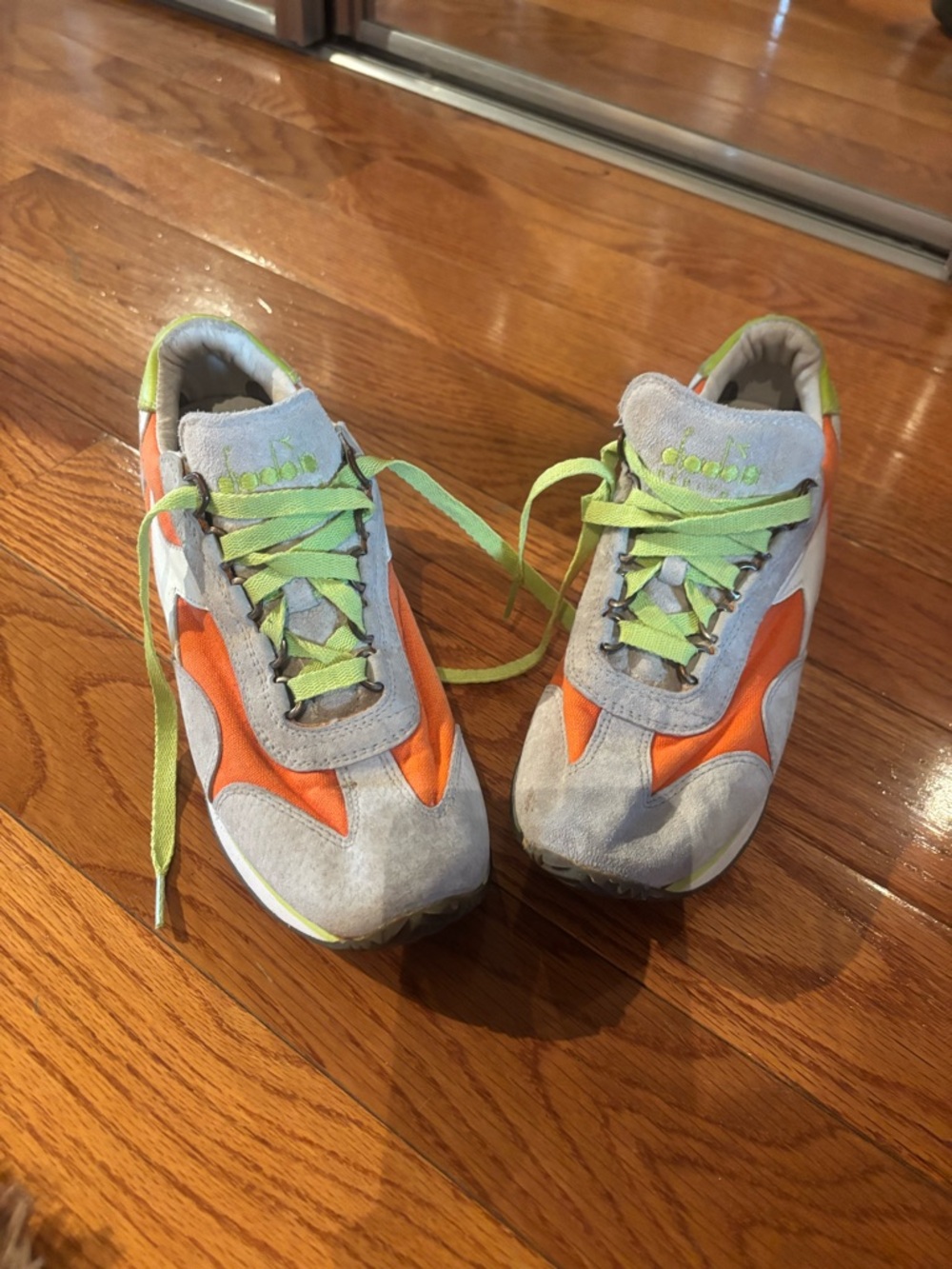 Diadora Gray Suede Sneakers with Orange Panels and Lime Laces